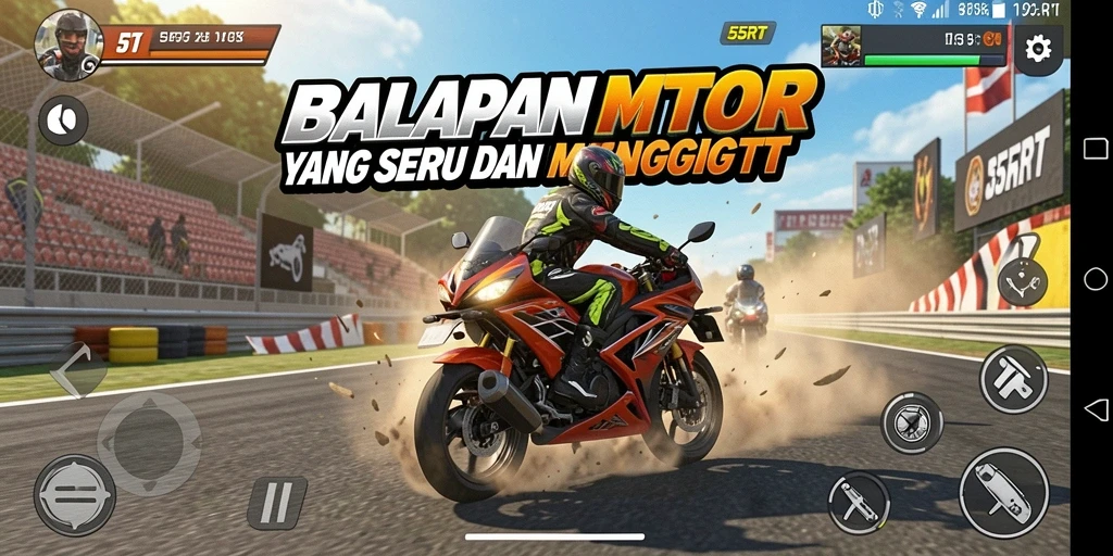 Tampilan gameplay 55RT dengan motor balap yang cepat.