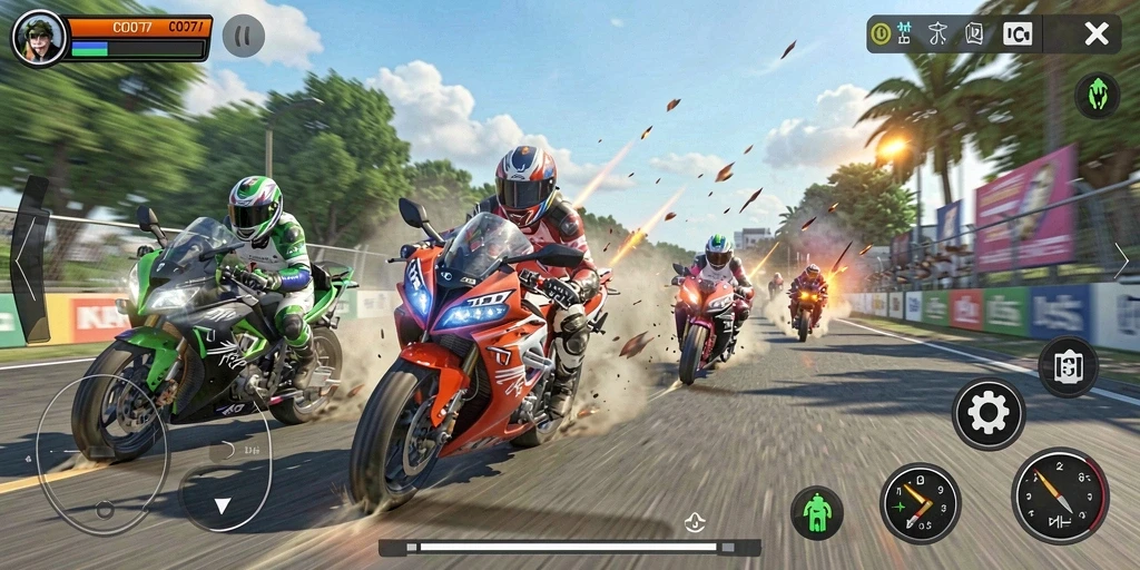 Gameplay C0077 yang mendebarkan saat balap motor.